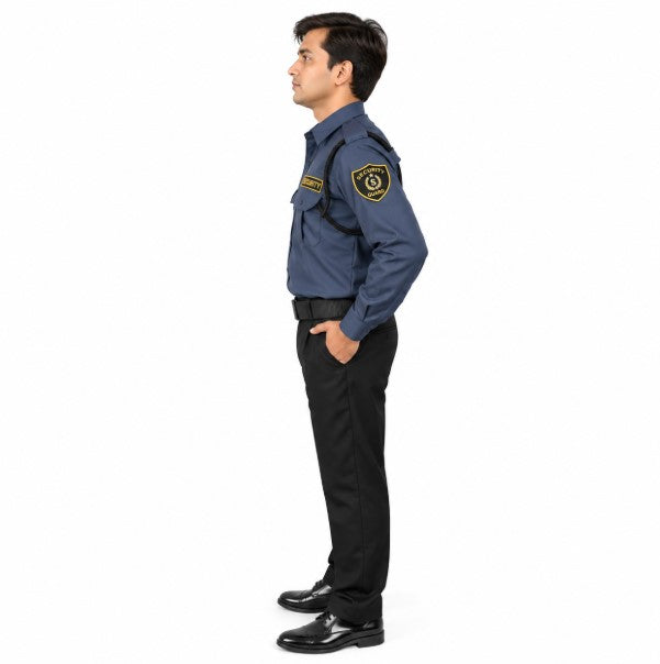 security guard uniform grey shirt black pant side view